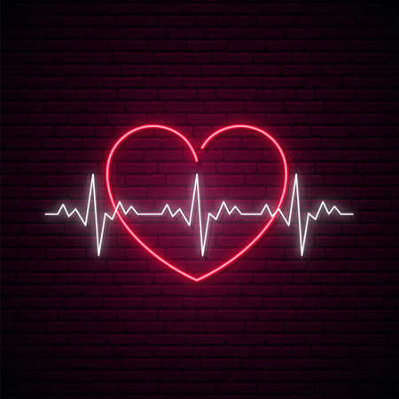 Neon heartbeat sign. Glowing heart symbol and heartbeat line on dark brick wall background background. Stock vector illustration.のイラスト素材
