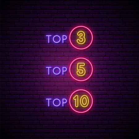 Neon rating signboard. Glowing symbols of Top 3, Top 5 and Top 10 things. Stock vector illustration in neon style.のイラスト素材