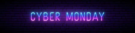 Long neon signboard with glowing Cyber Monday inscription. Stock vector illustration for promo design. Neon Cyber Monday banner, header website.のイラスト素材