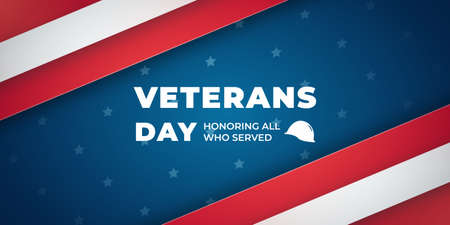 Vector banner for USA Veterans Day celebration. Abstract background with USA flag and text Honoring all who served.のイラスト素材