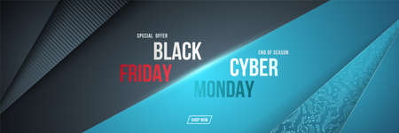 Black Friday and Cyber Monday horizontal banner. Banner for big November sale. Horizontal poster, header website. Template with overlay multi layer shapes.のイラスト素材