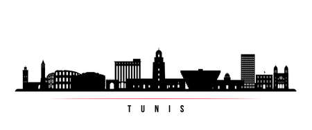 Tunis skyline horizontal banner. Black and white silhouette of Tunis City. Vector template for your design.のイラスト素材