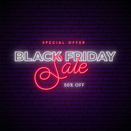 Black Friday neon signboard. Modern neon text effect on brick wall background. Glowing neon Sale banner. Stock vector illustration.のイラスト素材