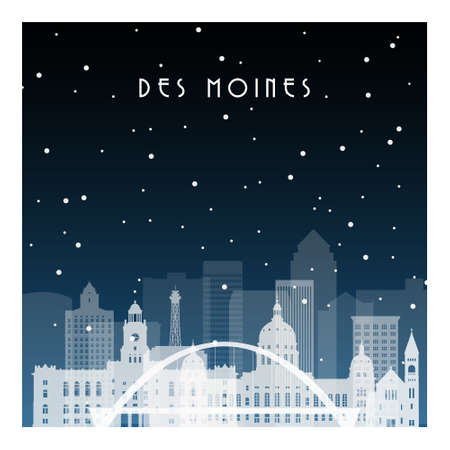Winter night in Des moines. Night city in flat style for banner, poster, illustration, background.のイラスト素材