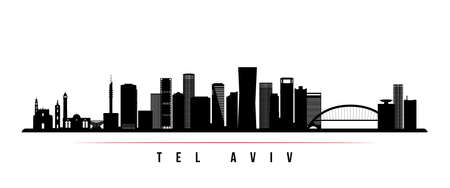 Tel Aviv skyline horizontal banner. Black and white silhouette of Tel Aviv City, Israel. Vector template for your design.のイラスト素材