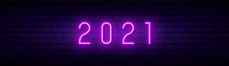 New Year 2021 neon sign. Glowing violet number 2021 on dark brick wall background. Horizontal neon signboard. Stock vector illustration.のイラスト素材