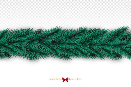 Seamless realistic fir tree garland isolated on white background. Decorative Christmas element. Festive vector design for web sites, banners, site header.のイラスト素材