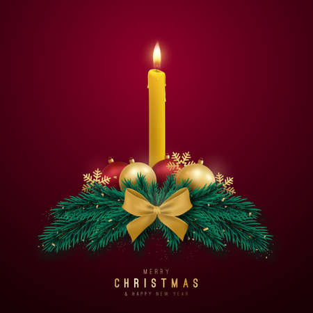 Decorative Christmas wreath with candle, fir tree branches and shiny baubles. Festive Christmas decor. Vector illustration.のイラスト素材