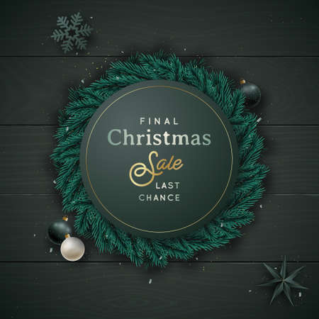 Christmas and New year flat lay composition. Vector design template with fir wreath and festive decor for invitation, greeting cards, ale banners.のイラスト素材