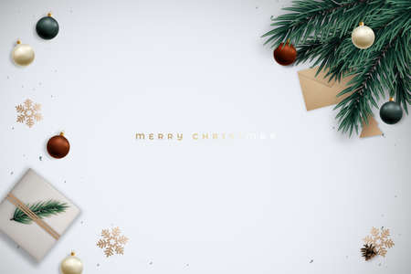 Minimalist festive banner with realistic fir branches, gift box, shiny baubles, gold snowflakes and space for text. Christmas flat lay composition. Vector design template.のイラスト素材