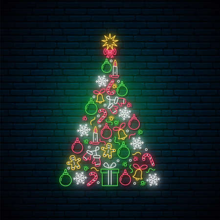 Neon Christmas tree made of balls, candles, snowflakes and gifts. Bright light signboard for winter holidays. Vector illustration.のイラスト素材