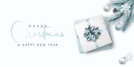 Merry Christmas and Happy New Year banner. Flat lay composition with realistic gifts box, shiny balls and fir tree branches. Vector horizontal Christmas template for headers, websites, promotional backgrounds, etc.のイラスト素材