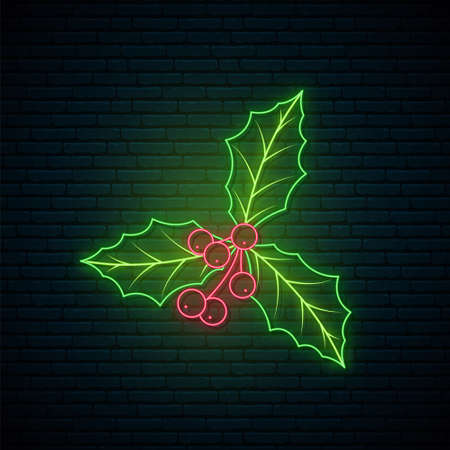Neon mistletoe sign. Glowing mistletoe branch isolated on dark brick wall background. Christmas neon signboard. Vector illustration.のイラスト素材