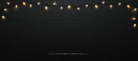 Festive banner with bright Christmas lights on black wooden background. Glowing lights for Christmas or New Year designs. Retro light garland.のイラスト素材
