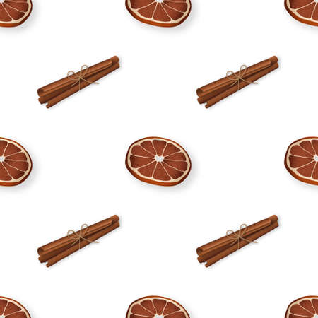 Winter seamless pattern with cinnamon and dry oranges. Minimalist wallpaper for Christmas and New Year designs. Vector background.のイラスト素材