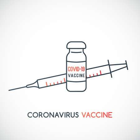 Vaccine for the prevention of the Covid-19 virus. Stop Coronavirus concept. Vaccine vials and syringe icon isolated on white background. Vector illustrationのイラスト素材