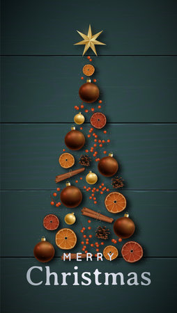 Festive Christmas banner with Christmas Tree made of realistic decorative elements. Flat lay composition with shiny baubles, berries, cinnamon pine cones and orange slices, top view. Vector illustration.のイラスト素材