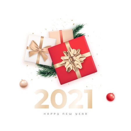 Happy New Year 2021 greeting banner. Flat lay composition with gift boxes and Christmas decor, top view. Stock vector illustration.のイラスト素材