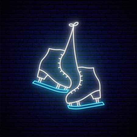 Skates neon sign. Ice rink emblem in neon style. Glowing blue skates icon. Vector illustration.のイラスト素材