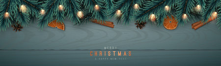 Festive horizontal banner with realistic spruce garland on wooden background. Christmas border with fir tree branches, lights and pine cones. Vector illustration.のイラスト素材