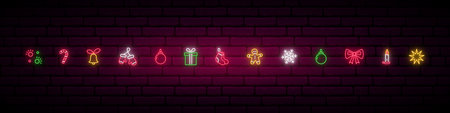 Set of decorative Christmas elements in neon style. Glowing neon Christmas icons collection on dark brick wall background. Vector illustration.のイラスト素材