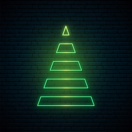 Abstract Christmas tree in neon style. Green neon Christmas tree sign isolated on brick wall background. Vector illustration.のイラスト素材