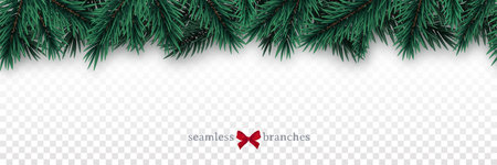 Horizontal border with fir tree branches. Realistic Christmas spruce garland. Stock vector illustration.のイラスト素材