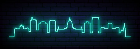 Blue neon skyline of Madison. Bright Madison City long banner. Vector illustration.のイラスト素材
