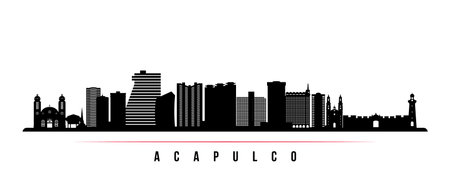 Acapulco skyline horizontal banner. Black and white silhouette of Acapulco City, Mexico. Vector template for your design.のイラスト素材