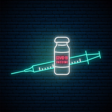 Neon signboard with Anti Covid 19 vaccine. Stop coronavirus concept in neon style. Vector illustration.のイラスト素材