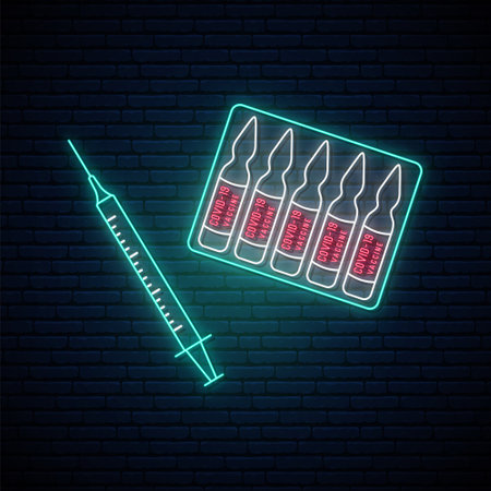 Neon syringe and vaccine signs. Stop coronavirus concept in neon style. Anti Covid 19 vaccine. Vector illustration.のイラスト素材
