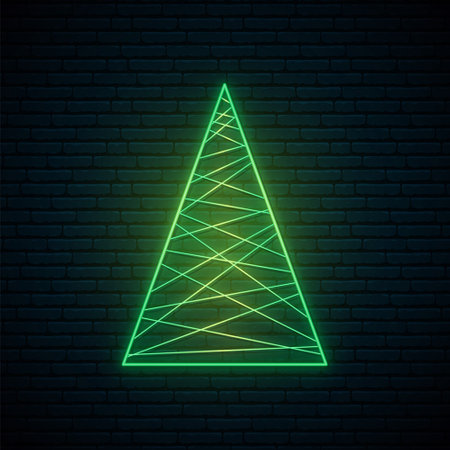 Abstract Neon Christmas tree with glowing lines. Bright light signboard. Stock vector illustration.のイラスト素材