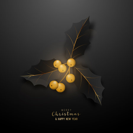 Realistic black twig of holly with leaves and gold berries. Mistletoe Christmas and New Year celebration symbol. Vector greeting card.のイラスト素材