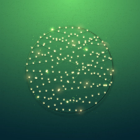 Decorative Christmas circle made of lights on green background. Light bulbs. Vector template for posters, invitations and greeting cards.のイラスト素材