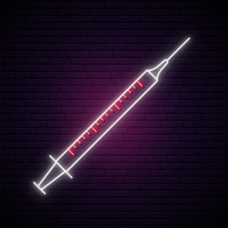 Medical Syringes Neon sign. Health care concept design.Bright light signboard. Stock vector illustration.のイラスト素材