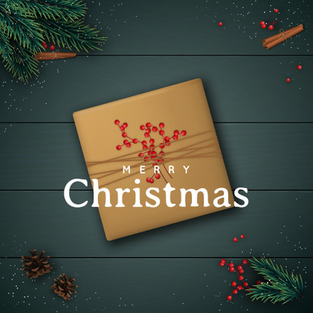 Merry Christmas and Happy New year banner with fir tree branches and decorative elements in rustic style. Festive flat lay composition with gift box. Vector illustration.のイラスト素材
