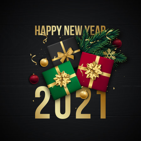 2021 Happy New Year greeting banner. Flat lay composition with gift boxes, baubles, snowflakes, tree branches, serpantine and confetti on black background. Top view. Vector illustration.のイラスト素材