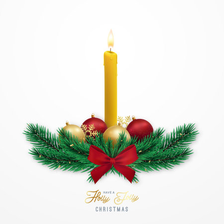 Realistic Christmas composition with burning candle, tree branches, baubles and bow. Merry Christmas greeting card. Stock vector illustration.のイラスト素材