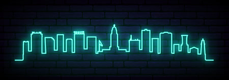 Blue neon skyline of Lincoln. Bright Lincoln City long banner. Vector illustration.のイラスト素材