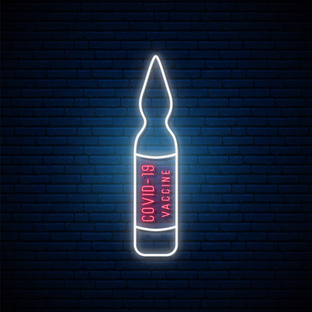 Vaccine vial neon sign. Covid-19 Vaccine bright light signboard on dark wall background. Vector illustration.のイラスト素材