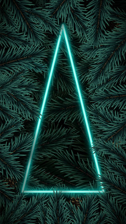 Christmas tree branches vertical background. Blue frame in the form of neon triangular tree. Copy space. Vector template for social media and flyers.のイラスト素材