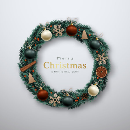 Christmas wreath with baubles, snowflakes cinnamon sticks and dry orange slice. Decorative Christmas wreath in rustic style. Stock vector illustration.のイラスト素材