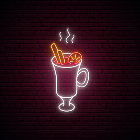 Neon Mulled Wine sign. Glowing Mulled Wine isolated on dark brick wall background. Warm winter drink neon signboard. Vector illustration.のイラスト素材
