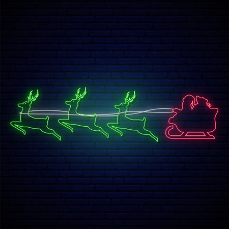 Neon Santa Claus flies in a reindeer harness. Merry Christmas and Happy New Year. Bright lightning signboard. Vector illustration.のイラスト素材