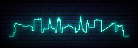Blue neon skyline of Newcastle. Bright Newcastle City long banner. Vector illustration.のイラスト素材