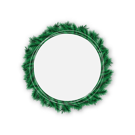 Decorative wreath with realistic fir tree branches and space for text. Vector template for Christmas greeting cards, invitations, sale banners.のイラスト素材