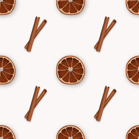 Seamless pattern with cinnamon and orange slices. Christmas time wallpaper. Vector repetitive background.のイラスト素材
