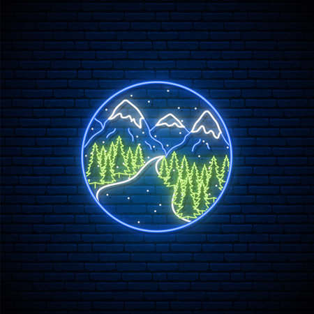 Neon mountain sign. Bright glowing mountain and forest landscape. Neon signboard. Vector illustration.のイラスト素材