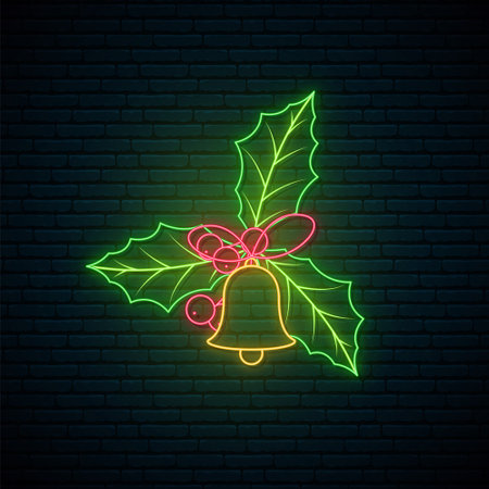 Neon mistletoe sign. Bright glowing mistletoe and bell in neon style. Vector illustration.のイラスト素材