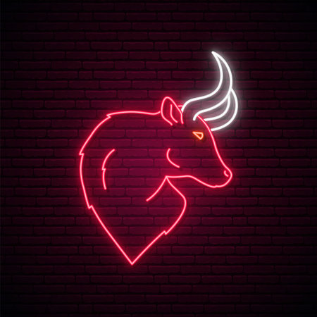Neon Bull sign. Glowing bull emblem. Neon signboard. 2021year symbol. Vector illustration.のイラスト素材